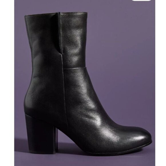 SOLD Anthropologie Seychelles Black Leather Heeled Ankle Boots Rounded Toe SZ 8 - Picture 2 of 12